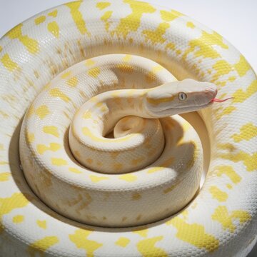 Coiled White Albino Python Against Yellow Background