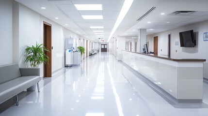 Obraz premium Bright and clean hospital corridor with polished floors, modern design, and welcoming atmosphere.