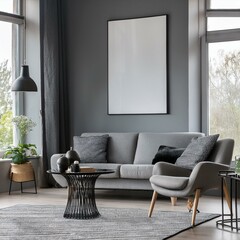 Bright gray living room featuring panoramic windows and captivating posters for an open and airy feel