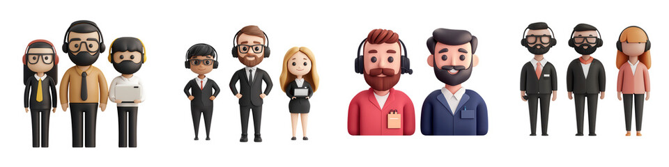 Fototapeta premium Customer service characters in various professional outfits, showcasing teamwork and support, isolated on transparent background.