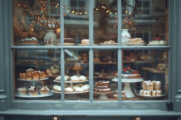Freshly baked pastries and cakes are beautifully arranged in a cafe window. The warm atmosphere invites passersby to indulge in sweet treats while enjoying the cozy setting