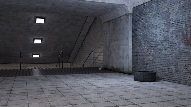 Alter Tunnelzugang mit Treppe und zur&uuml;ck gelassenem Gummireifen