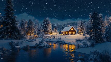 Fototapeta premium Enchanted Snowy Landscape with Lit Cabin at Night. AI generated illustration
