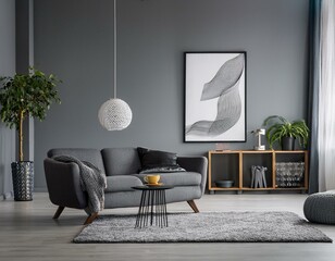 Inviting panoramic gray living room with comfortable seating and colorful posters for a cheerful atmosphere