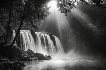A black and white photo of a waterfall in the woods