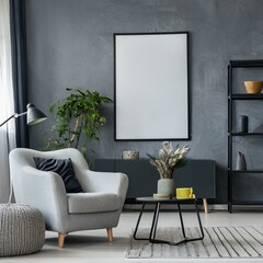 Stylish panoramic gray living room with a focus on artful posters and comfortable seating arrangements