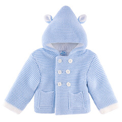 Light Blue Knitted Baby Jacket with Bear Ears, Double-Breasted Buttons, and Pockets