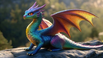 Obraz premium A colorful, fantastical dragon perched on a rock 