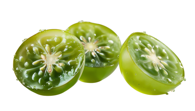 Fresh green jelly like fruit slices with water droplets