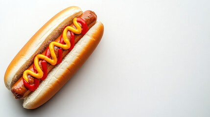 A delicious hot dog topped with vibrant mustard and ketchup on a plain bun, placed against a clean white background, highlighting its savory appeal.