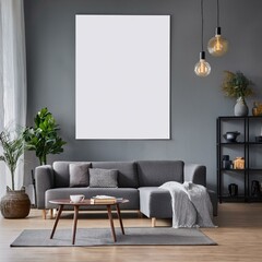 Modern gray living room showcasing panoramic views and vibrant posters for a dynamic living space