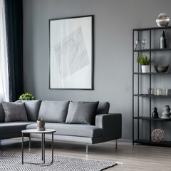 Bright panoramic gray living room featuring large windows and captivating posters for an airy feel