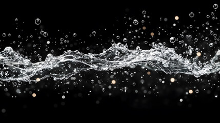 water forms against a deep black background, blending abstract splashes, ripples, mist, and dynamic droplets.