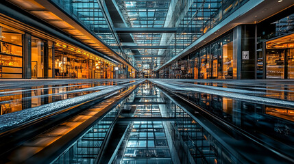 Modern urban architecture reflects in water at sunset in a bustling city