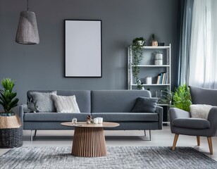Elegant gray living room featuring panoramic windows and striking posters for a sophisticated design touch