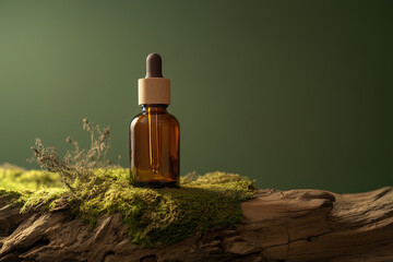 Render of brown glass bottle of cosmetic serum, essentive oil or parfume with a wooden dropper top, on old wood and moss on green wall background, aestetic style. mock up