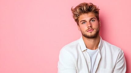 Obraz premium Casual Young Male Posing in Pastel Pink Studio Setting