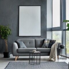 Cozy panoramic gray living room with plush furnishings and artistic posters for a relaxing retreat