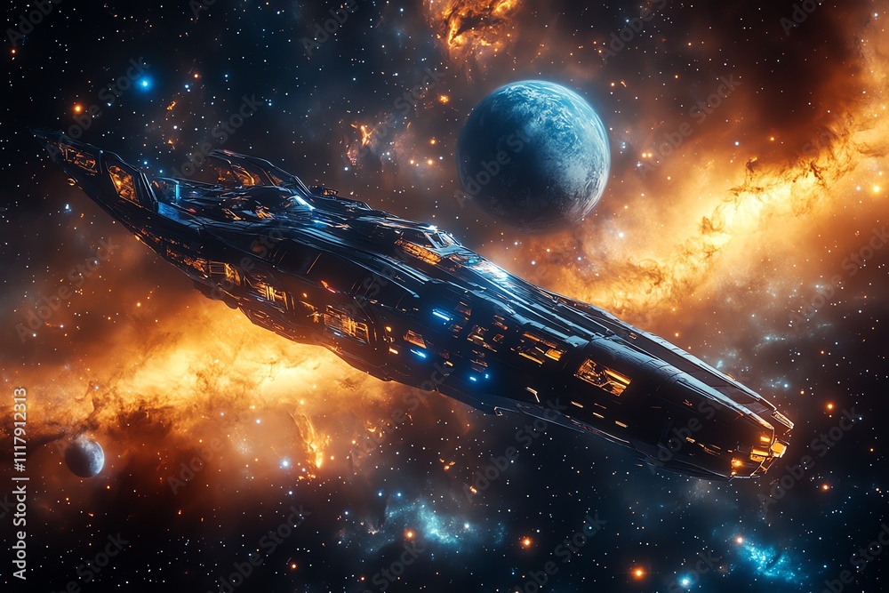 Poster a futuristic spaceship glides through a vibrant cosmic scene with planets and nebulae.