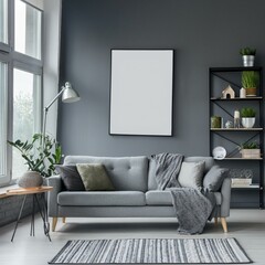 Bright panoramic gray living room featuring large windows and captivating posters for an airy feel