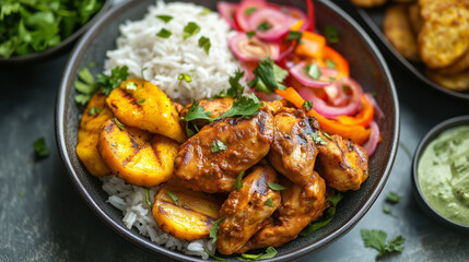 Fototapeta premium Yassa chicken bowl with rice, plantains, and pickled vegetables.