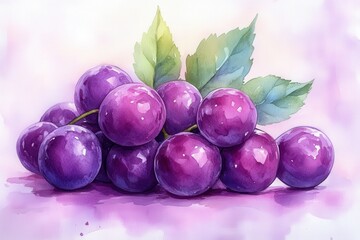 A vibrant illustration of purple grapes with green leaves on a soft background.