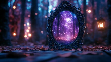 Enchanted Forest Mirror: A Mystical Reflection in a Dark Forest Setting with Glowing Lights and Autumn Leaves