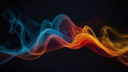 Fototapeta premium Flowing translucent ribbons of blue, orange, and red light, gracefully intertwining against a dark background. Vibrant abstract design with energy and motion. Generative AI