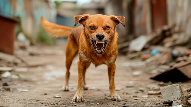 Dangerous stray rabid dog in abandoned town