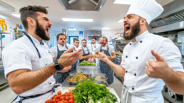 Two infuriated cooks having argument in restaurant kitchen