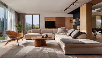 Bright modern living room with a stylish rug and contemporary art for visual interest
