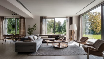 Fototapeta premium Chic modern living room featuring a gallery wall and comfortable seating for gatherings