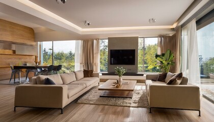 Fototapeta premium Stylish modern living room with a focus on open space and natural light for brightness