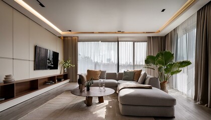 Bright modern living room with a stylish rug and contemporary art for visual interest