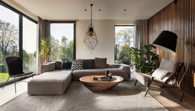 Contemporary living room with a unique layout and artistic decor for a personalized touch