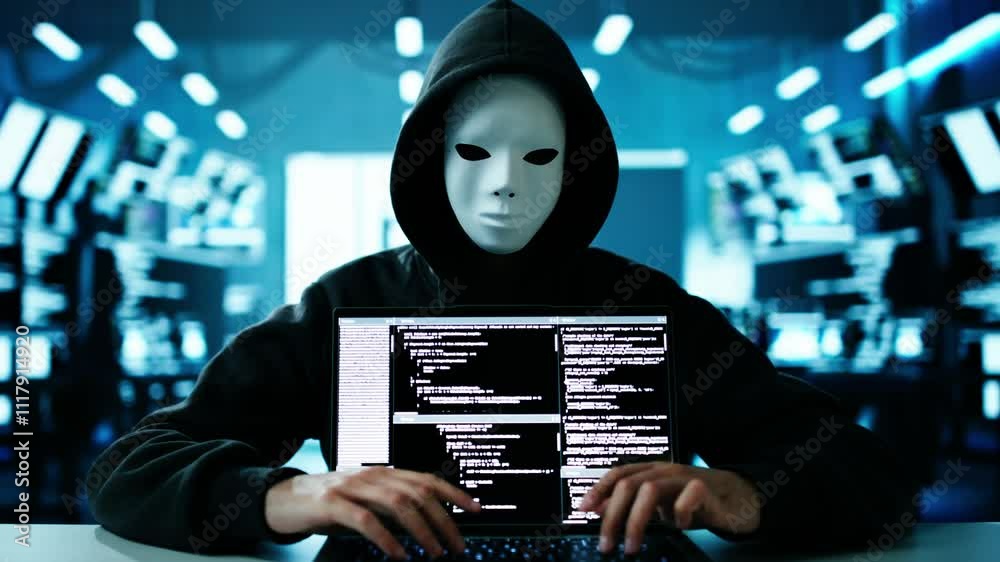 Aufkleber cyber security risk. thief man hacking
