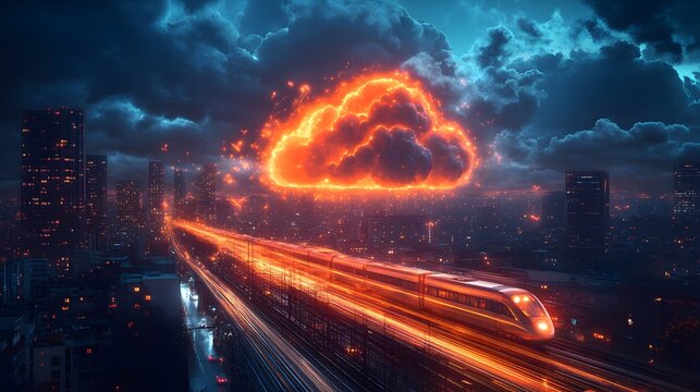 cloud computing with a speeding train on a city background,



