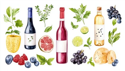 Wine bottles surrounded by fruits and herbs kitchen setting watercolor artwork natural environment aesthetic view culinary inspiration