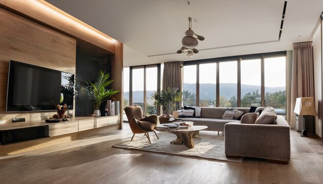 Contemporary living room with a unique layout and artistic decor for a personalized touch