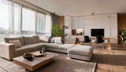 Fototapeta premium Chic modern living room featuring a gallery wall and comfortable seating for gatherings