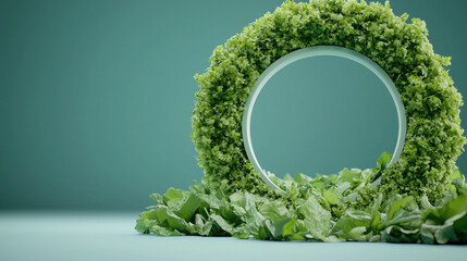 A creative arrangement of fresh greens forming a circular shape on a serene background.