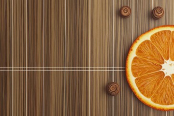 Minimalistic orange slice on wooden surface with chocolate swirls