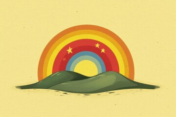 Minimalistic rainbow illustration with stars and rolling hills