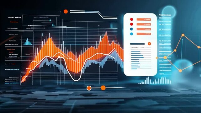Abstract digital interface with vibrant graphs and data analysis visuals.
