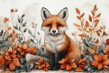 Obraz premium A charming fox surrounded by autumn leaves and flowers in warm colors.