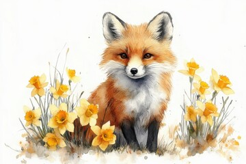 Obraz premium A charming fox surrounded by vibrant yellow flowers in a watercolor style.