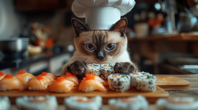 Chef cat is preparing a plate of sushi. Funny cooking.