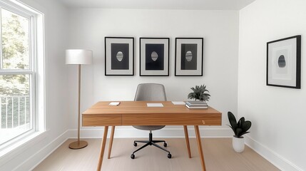 Obraz premium Modern living room with desk, armchair and large windows