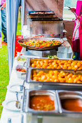 Outdoor Buffet Spread Featuring Freshly Cooked Vegetables, Steaming Sauces, and Delicious Food Platters in a Vibrant Garden Setting, Perfect for Celebrating a Festive Occasion or a Casual Gathering