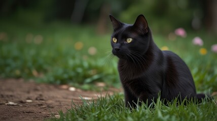 Black cat sitting in grass, yellow eyes.